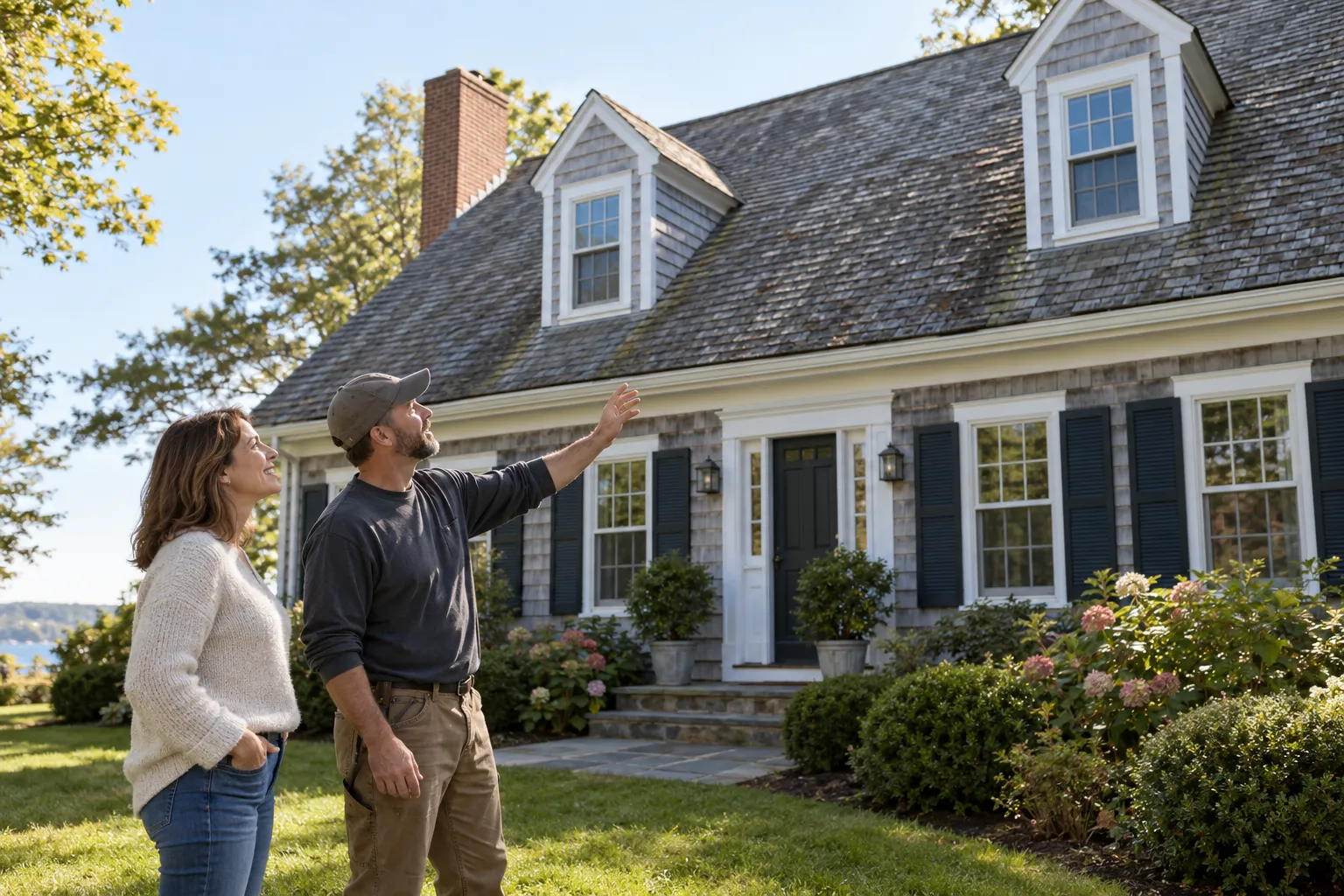 A friendly roofing provider and a homeowner looking up at a shingled roof in Pittsburgh