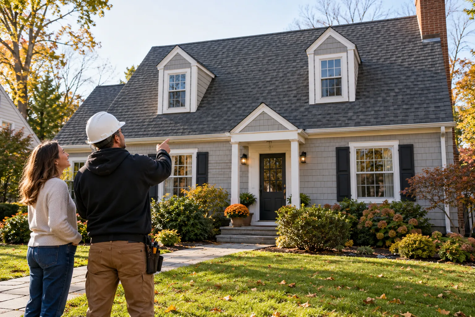 Independent roofing provider and homeowner reviewing a new shingle roof on a house in Pittsburgh